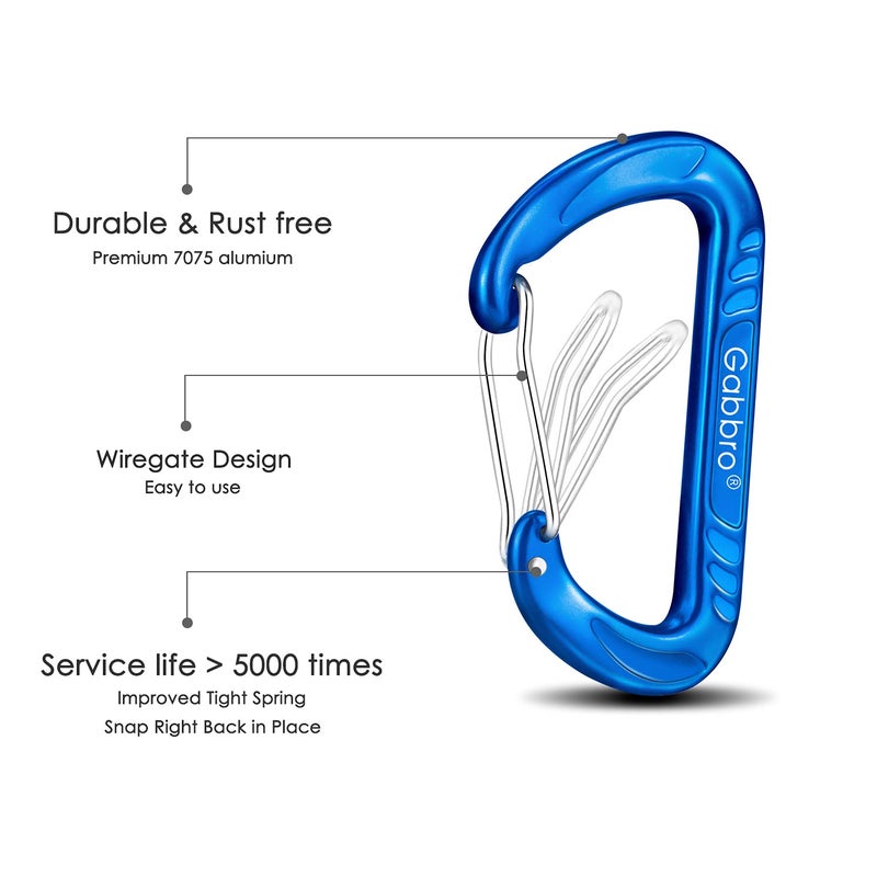 Gabbro Carabiner Clips Heavy Duty 12kN (2697 lbs), | 3.2 Inch, Aluminum, Wiregate Snap, Lightweight, 4 Pack | for Hammock, Hiking, Camping, Water Bottle, Dog Leash Harness, Keychains - Black Blue - Image 5